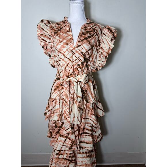 Marie Oliver Pink and Brown Flutter Sleeve V Neck Tiered Max Sz M